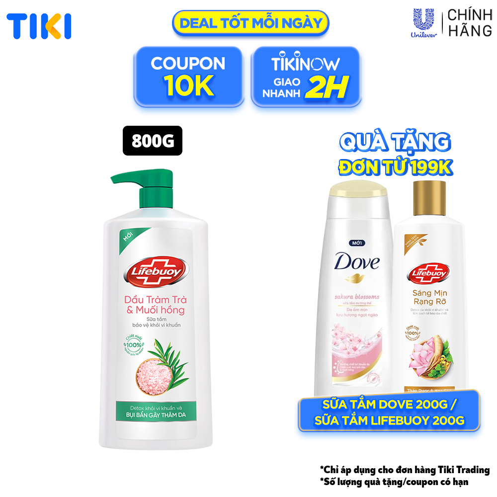 Sữa Tắm Lifebuoy Detox Và Sạch Sâu Khỏi Bụi Mịn Pm2.5 Và Vi Khuẩn Tràm Trà Muối Hồng 100% Từ Thiên Nhiên Chai 800G