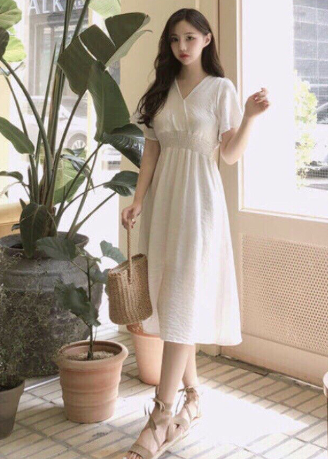 Đầm maxi trắng bo thun eo XDS246
