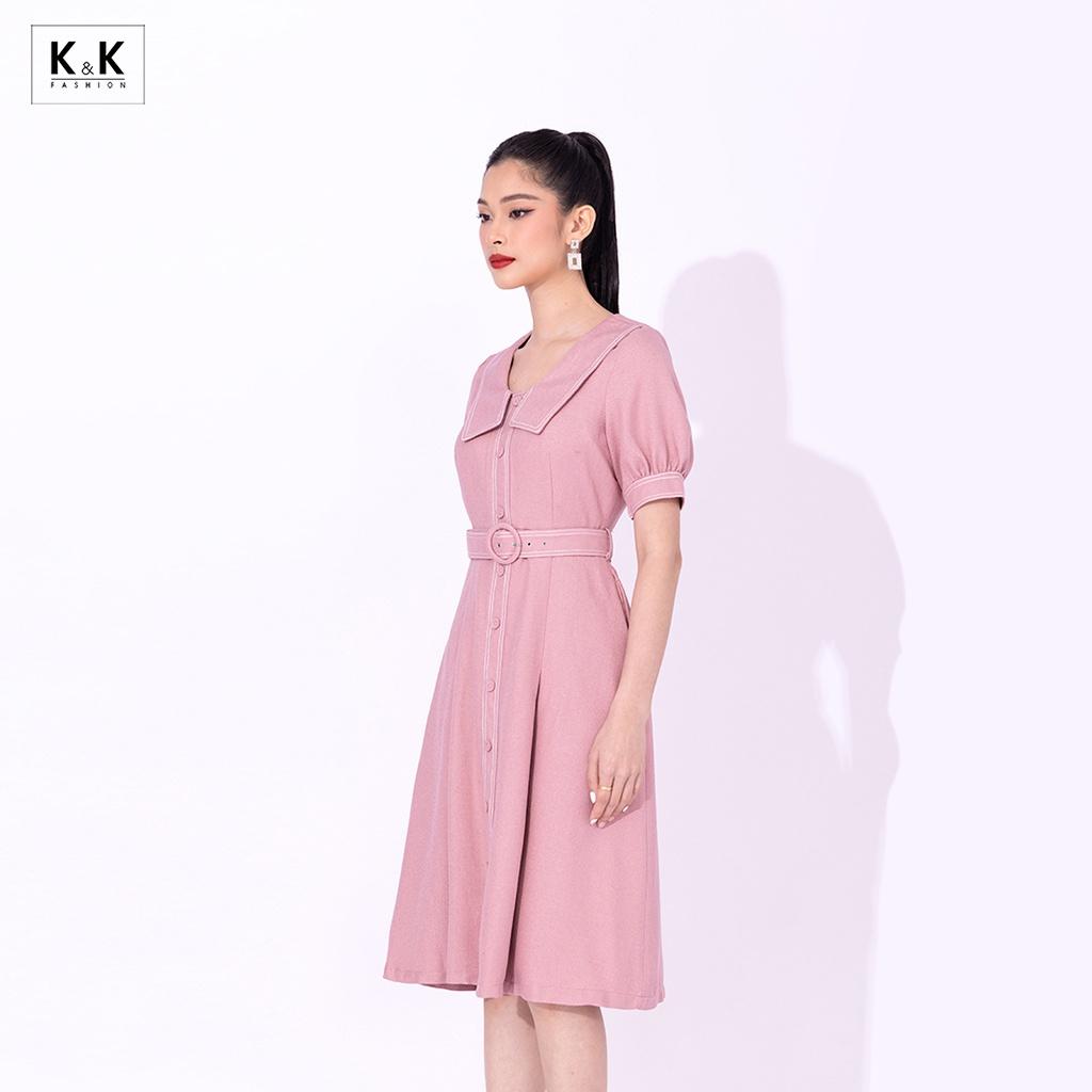 Đầm Công Sở Dáng Xòe Phối Đai Eo K&amp;K Fashion KK115-31 Chất Liệu Cotton Chéo