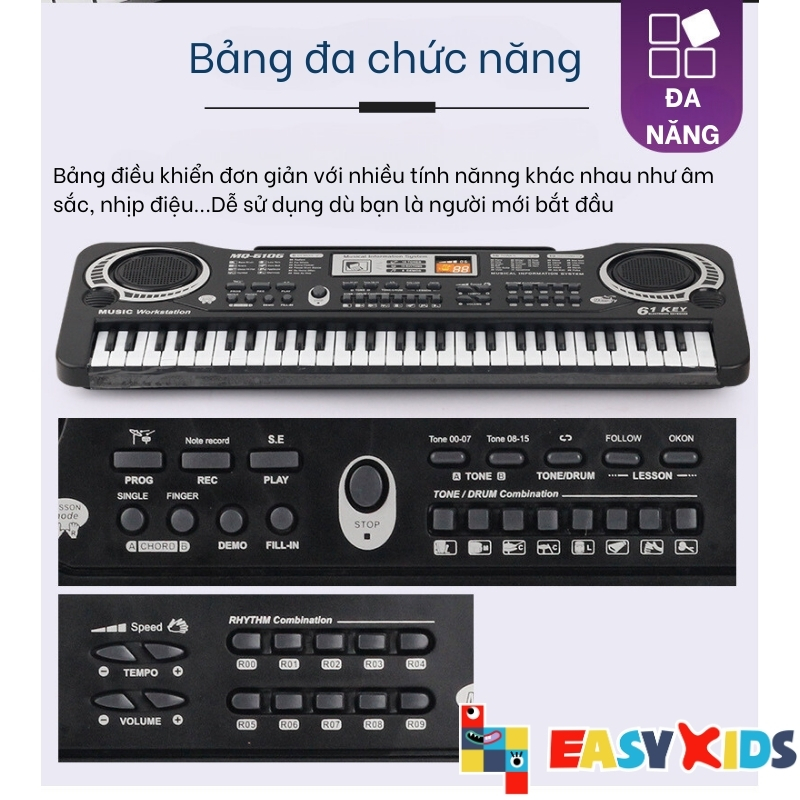 Đàn Organ Đàn Piano Điện Tử Đồ Chơi Cho Bé 61 Phím Sạc Điện Có Mic, Dây Sạc USB