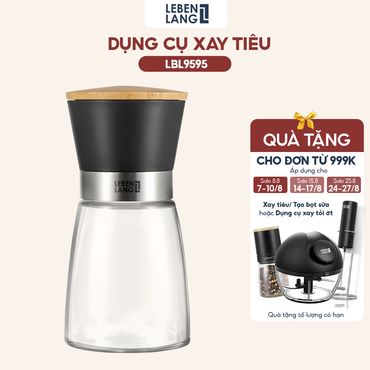 Lọ xay tiêu cầm tay thủy tinh, dụng cụ xay tiêu Lebenlang LBL9595, dung tích 170ml, nhỏ gọn tiện lợi - hàng chính hãng