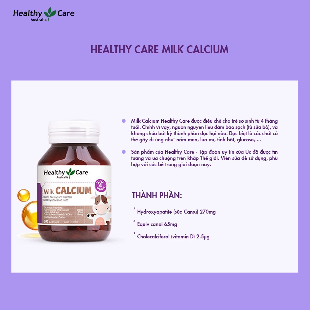 Canxi cho bé Healthy Care Kids Milk Calcium Úc, Hỗ trợ tăng trưởng chiều cao, hệ thống xương, răng, bé ngủ ngon không trằn trọc ban đêm - Massel Official