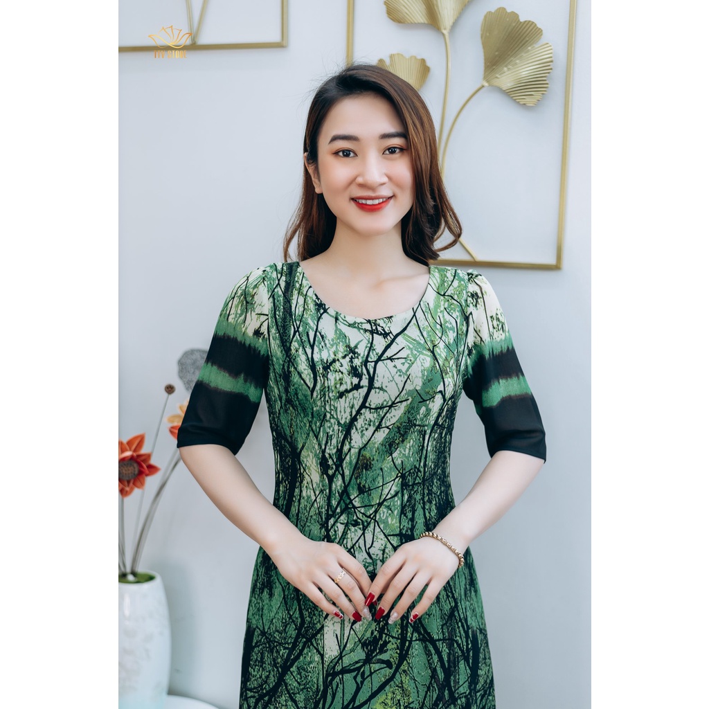Đầm suông thiết kế trung niên sang trọng Cổ tròn tay lỡ màu Xanh họa tiết TTV STORE TTV1240