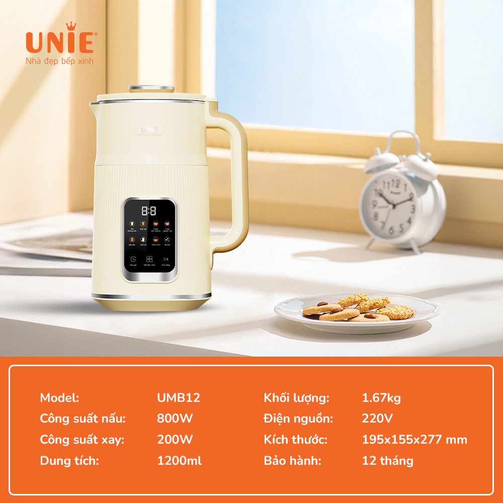 Máy làm sữa hạt UNIE UMB12 Dung tích 1200ml, công suất 1000w, Thiết kế mới thời thượng, chất liệu cao cấp đa tính năng xay nấu - hàng chính hãng