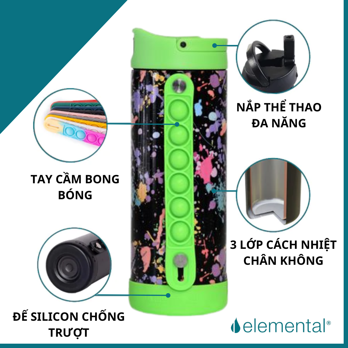 Pop it Elemental bình giữ nhiệt màu xanh splatter, bé mang đi học, giữ nhiệt tốt , hàng chất lượng cao, an tòan sức khỏe