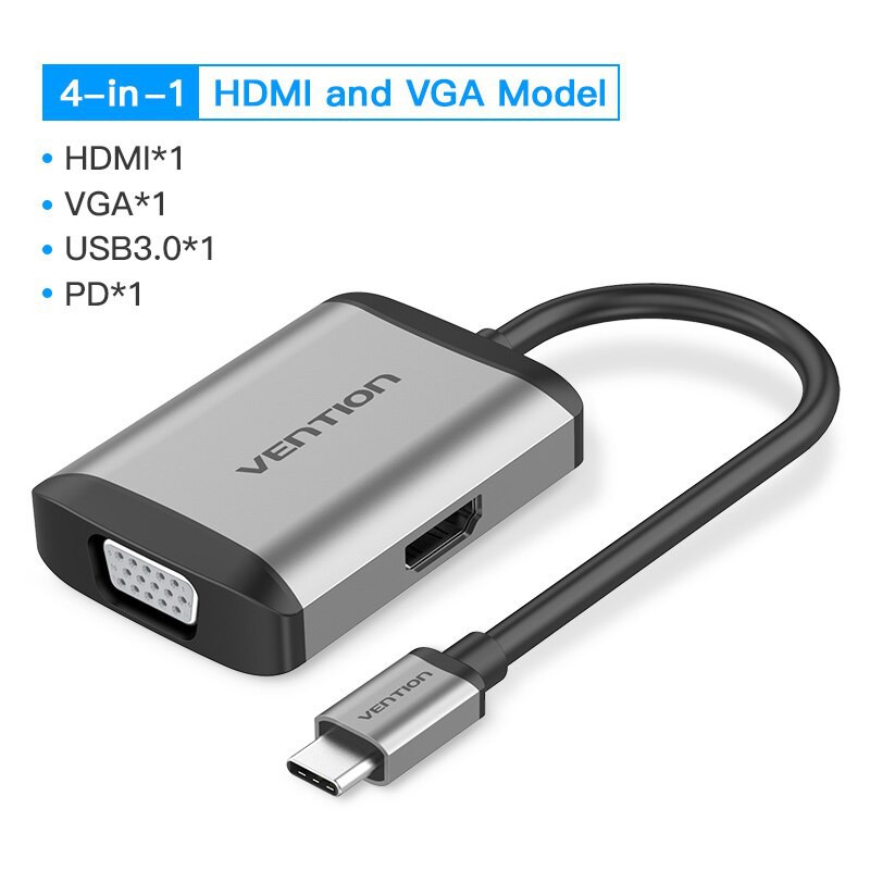 Hub Type-C to HDMI VGA (4 in 1) Cáp chuyển đổi USB Type C to HDMI + VGA + USB 3.0 + PD (87W) Vention - Hàng chính hãng