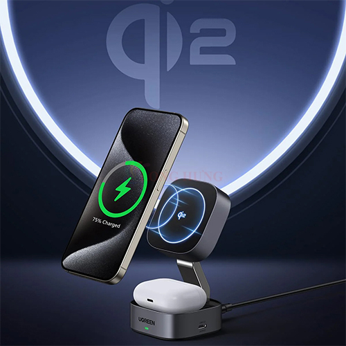 Đế sạc không dây Ugreen Magnetic Attachment Qi2 2-in-1 Foldable Wireless Charger 15W W702 - Hàng chính hãng