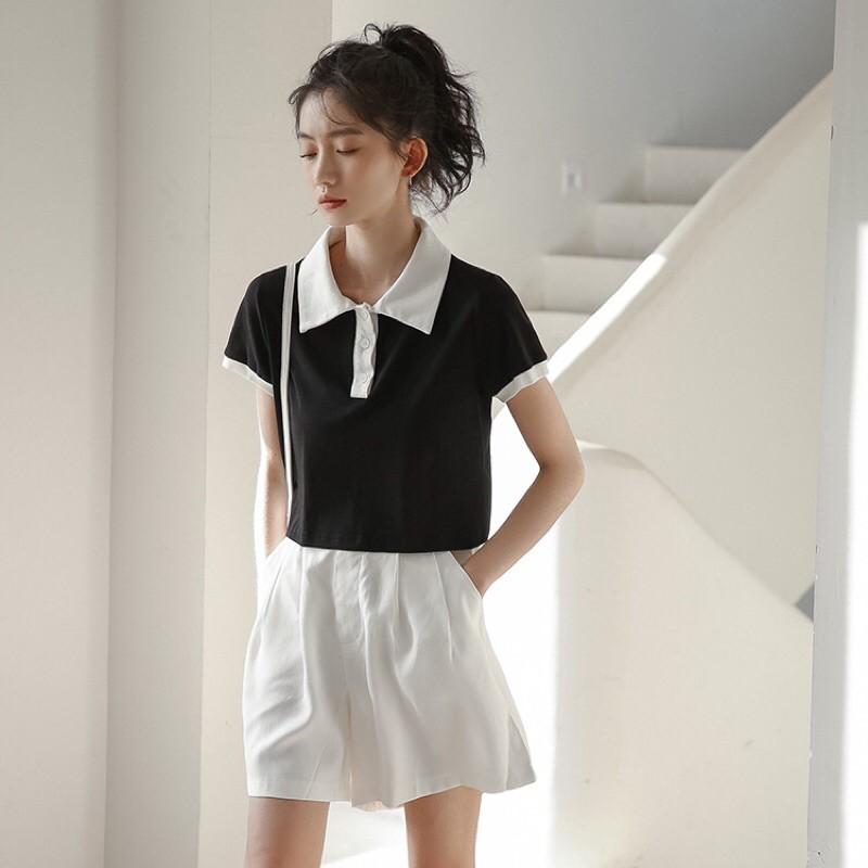 Áo croptop rộng cổ trụ phối màu basic - AO053