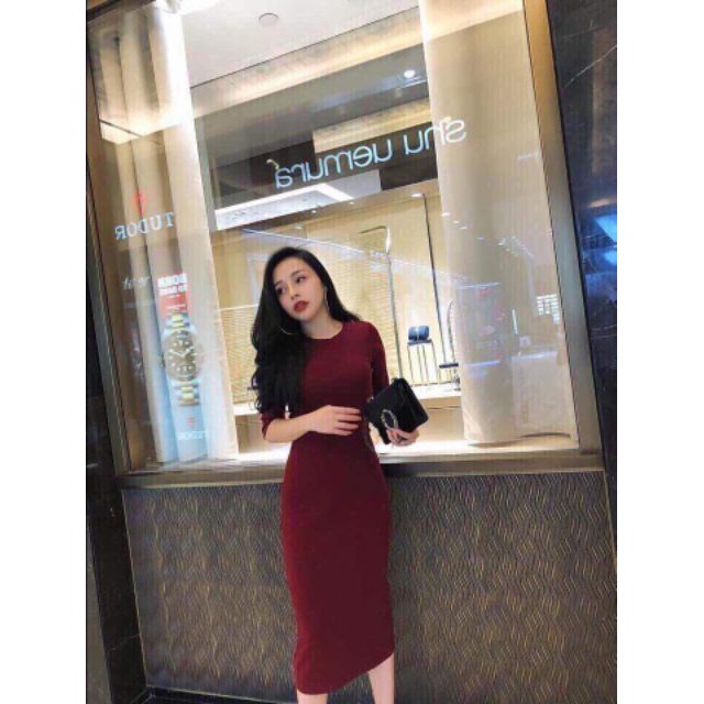 Đầm len suông cách điệu tay phối lưới màu đỏ  B3593