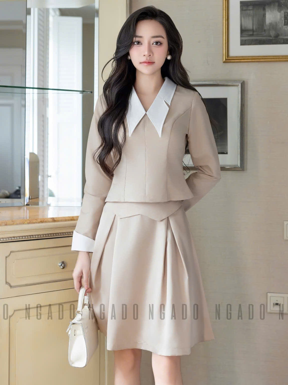 Set áo váy nude phối cổ trắng NGADO , set áo kèm chân váy
