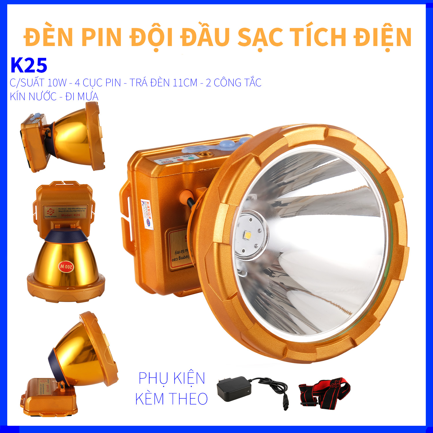 ĐÈN PIN ĐỘI ĐẦU K25 - NHẬP KHẨU THÁI LAN - 3 CỤC PIN - CHỐNG NƯỚC - ĐI MƯA - CHIẾU XA 1000 MÉT