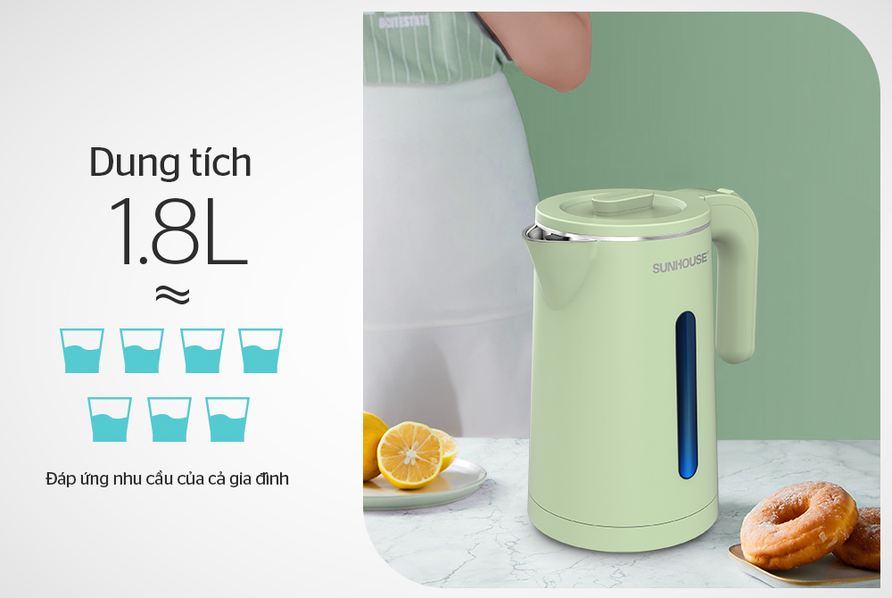 [Hàng Chính Hãng]  Ấm Siêu Tốc Inox 2 Lớp Sunhouse SHD1353 1.8 Lít - Bảo Hành 12 Tháng Toàn Quốc