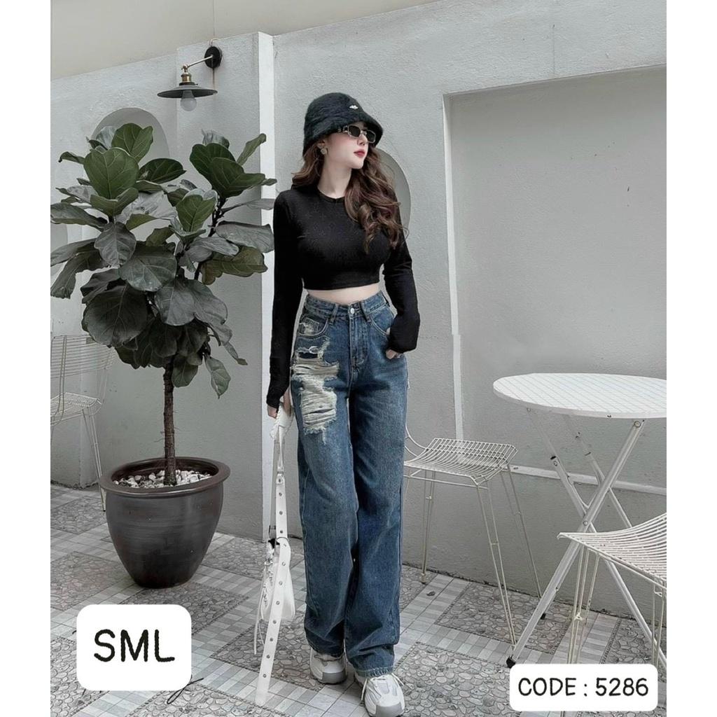 Quần Jeans Nữ Ống Rộng Cào Rách 1 Mảng Bên Túi, Quần Bò Ống Rộng Rách Lưng Cao Xanh Đậm Siêu Phá Cách 311