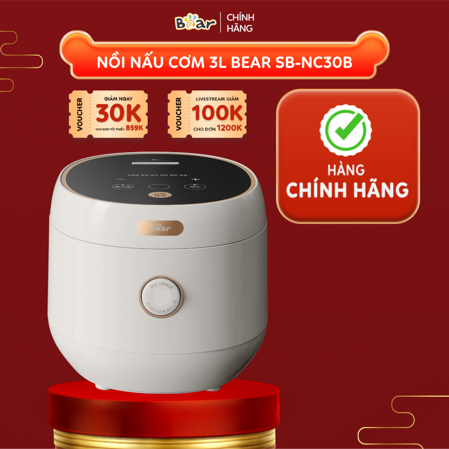 Nồi Cơm Điện Tử Bear 3L Lòng Nồi 5 Lớp Đa Năng Nấu Cơm Nấu Cháo Hầm Hấp Hâm Nóng Hẹn Giờ Lên Đến 12 Tiếng SB-NC30A - HÀNG CHÍNH HÃNG