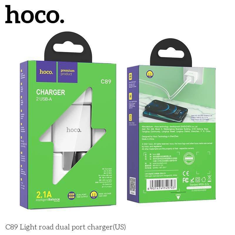 Cốc sạc HOCO C89 - Củ sạc 2 cổng USB tối đa 2.1A, dùng cho iPhone, Samsung và máy khác - Hàng chính hãng