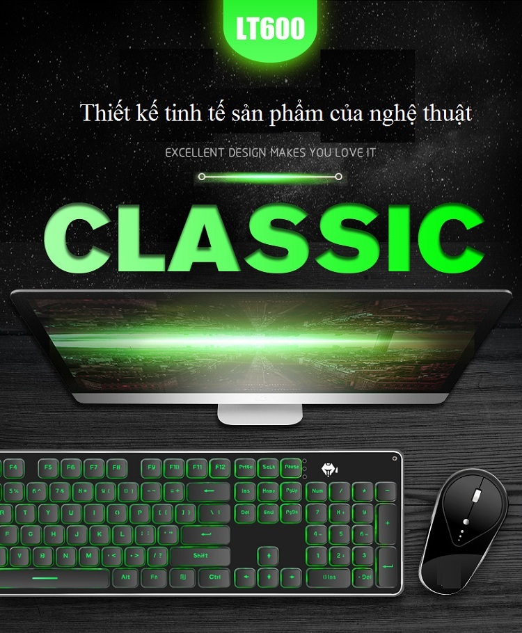 Combos Phím Kèm Chuột Wireless - Thiết kế sang trọng - Có đèn Led thu hút ánh nhìn - Sử dụng Đầu Thu USB