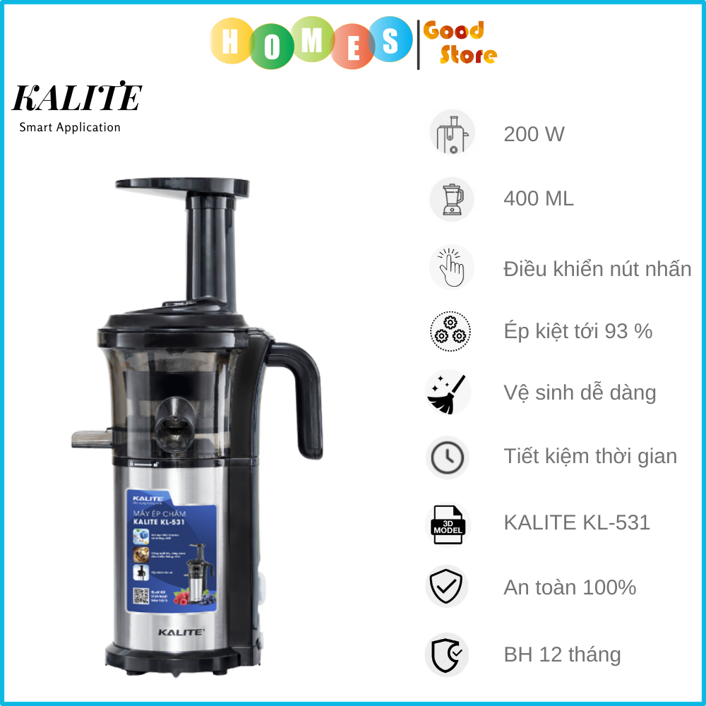 Máy Ép Trái Cây, Máy Ép Chậm Mini KALITE KL-531 Tiêu Chuẩn Châu Âu Dung Tích 400 ML Công Suất 200 W - Hàng Chính Hãng