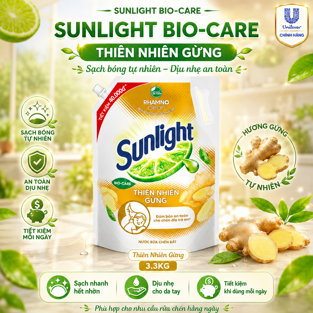 Nước Rửa Chén Sunlight Bio-Care Thiên Nhiên Gừng, Sạch Dầu Mỡ Dịu Nhẹ Cho Da Tay, Túi/Chai Dung Tích Lớn 3.3kg/3.6kg