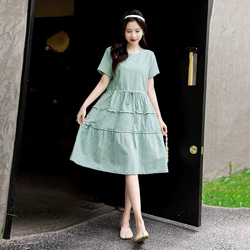 Đầm xòe nữ Đũi Việt ngắn tay kẻ sọc caro thời trang cho nữ công sở