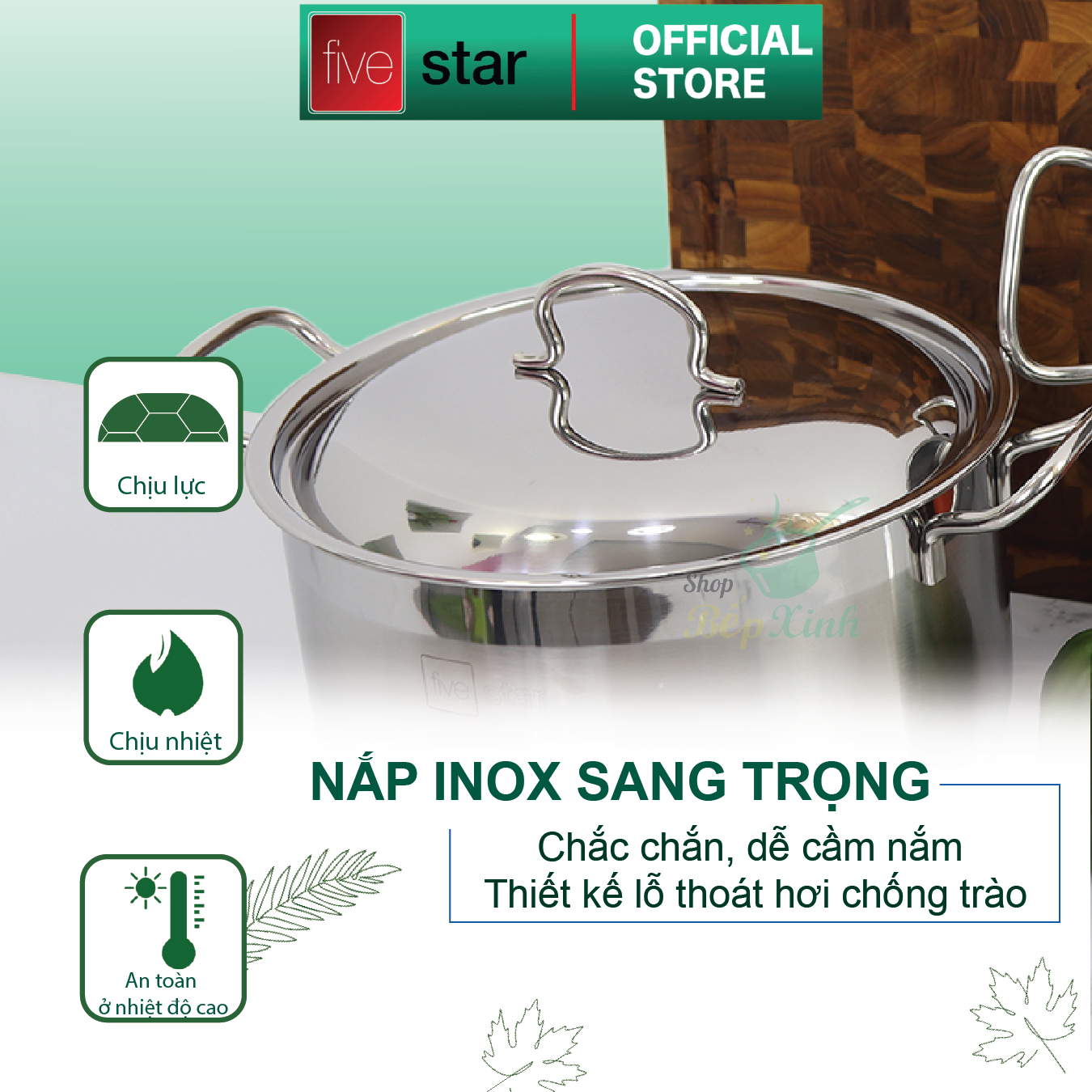 Nồi Fivestar Nắp Inox 36 cm- Tặng 5 Muỗng Ăn Inox - Bạc