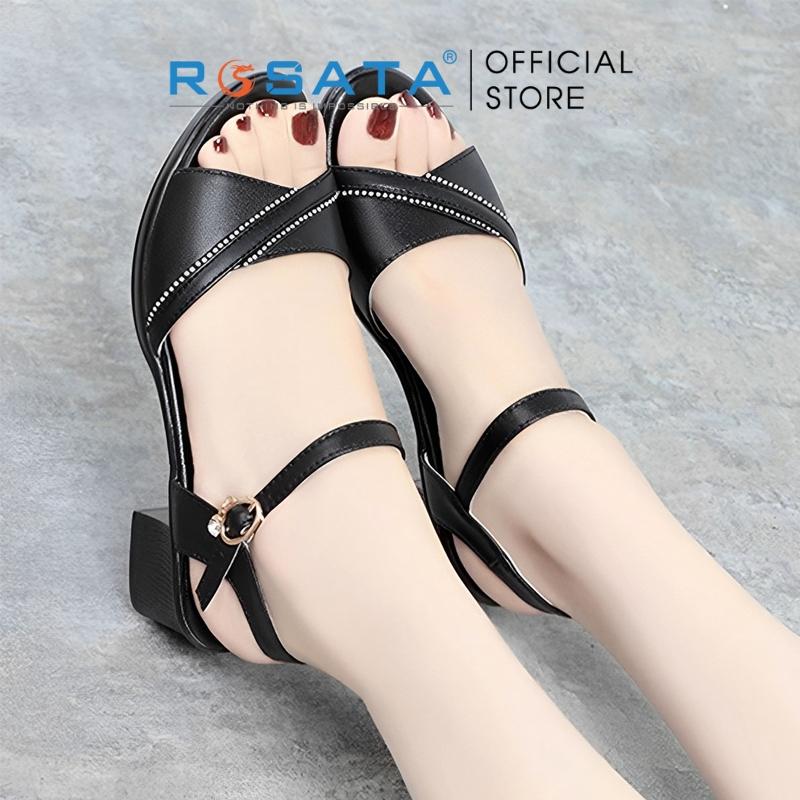 Giày sandal cao gót nữ ROSATA RO577 mũi tròn quai cài dây mảnh gót vuông cao 5cm xuất xứ Việt Nam - Đen