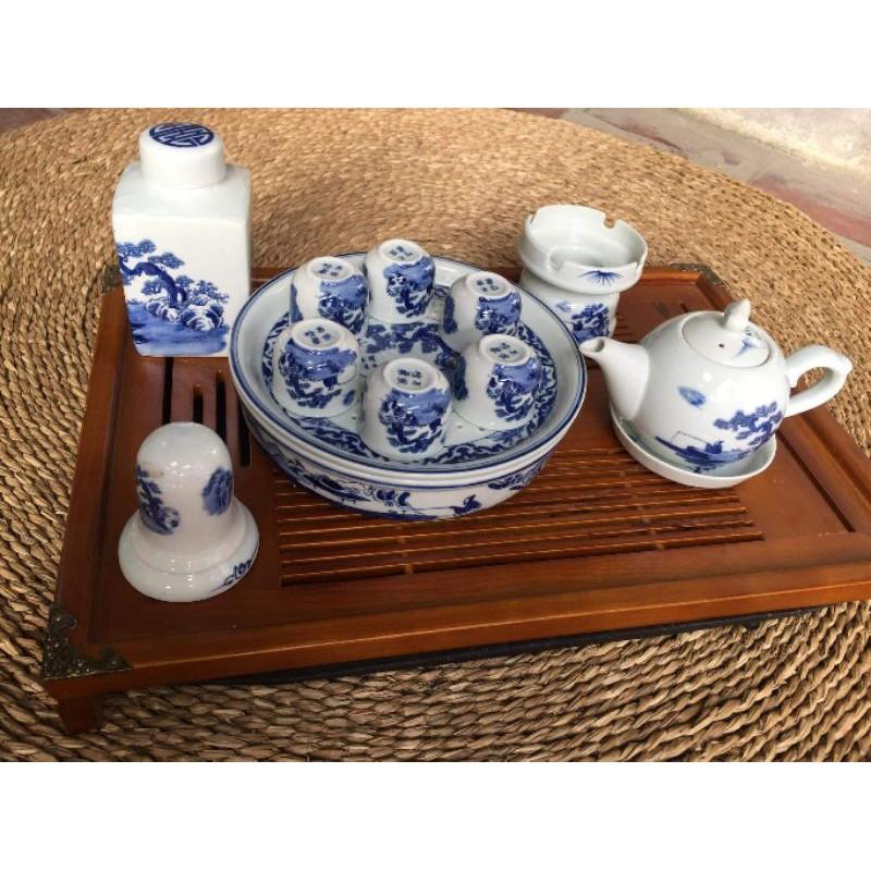 Ấm chén men lam vẽ Trúc Lâm Thất Hiền