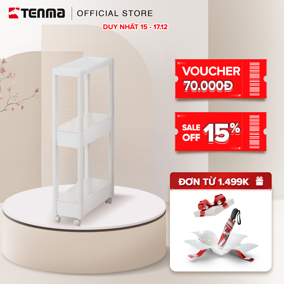 Kệ Nhựa Nhỏ Đa Năng 3 Tầng TENMA, Có Bánh Xe W-002S