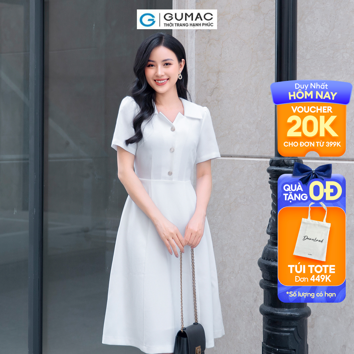 Đầm A cổ cách điệu vải bố giữ phom đi tiệc đi chơi thanh lịch sang trọng GUMAC DD09042