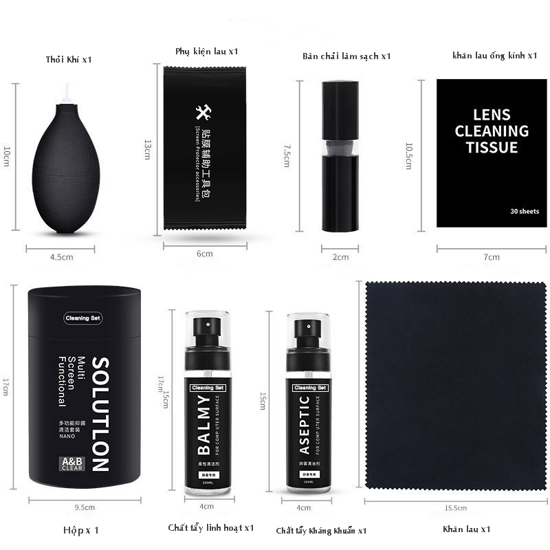 Bộ Dung Dịch Dụng Cụ Vệ Sinh Kai.n Cleaning Set Màn Hình Lcd Điện Thoại Laptop Ống Kính Máy Ảnh, Bàn Phím Hàng Chính Hãng - Bộ 8 Món