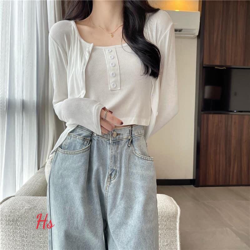 Set Áo Cardigan Kèm Áo 2 Dây Hàng Cúc Giữa, Bộ Áo Dài Tay Nữ Cotton 4 Màu