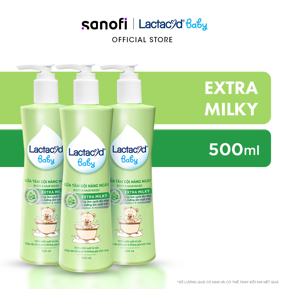 Bộ 3 chai Sữa Tắm Gội Trẻ Em Lactacyd Baby Extra Milky Làm Sạch Dịu Nhẹ và Dưỡng Ẩm Vượt Trội 500ml/chai