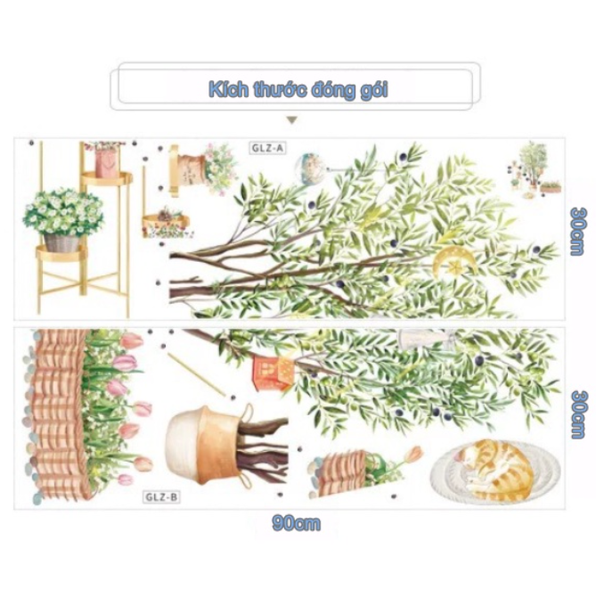 Decal trang trí tường - Chậu cây to và chú mèo đang ngủ