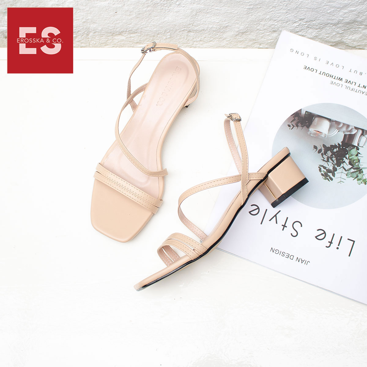 Giày sandal cao gót Erosska thời trang mũi vuông quai ngang phối dây mảnh cao 3cm EB031