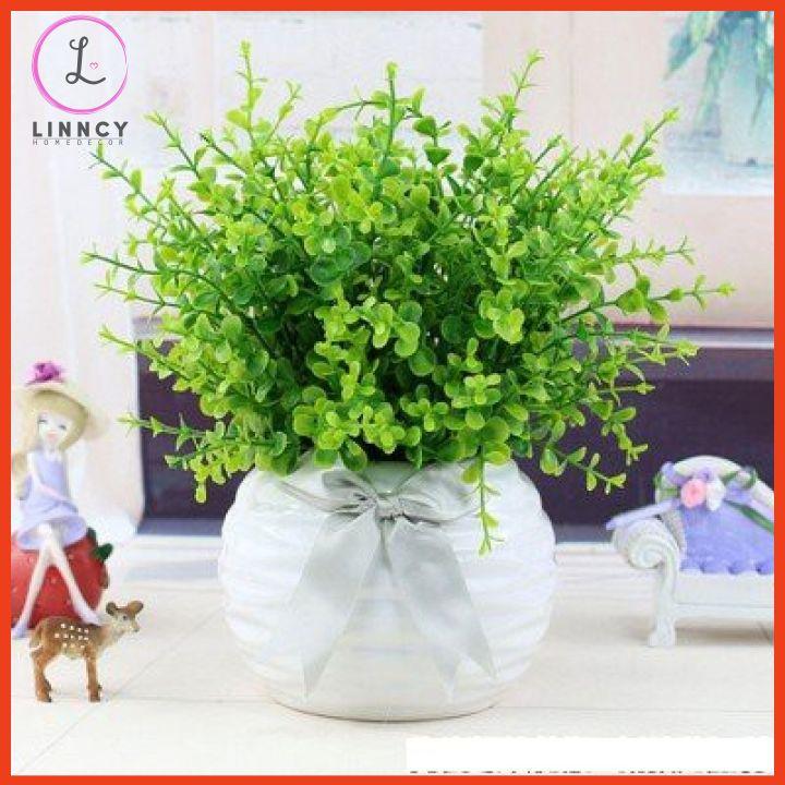 Chậu cây mạ non, rau má nhân tạo trang trí bàn, kệ tủ