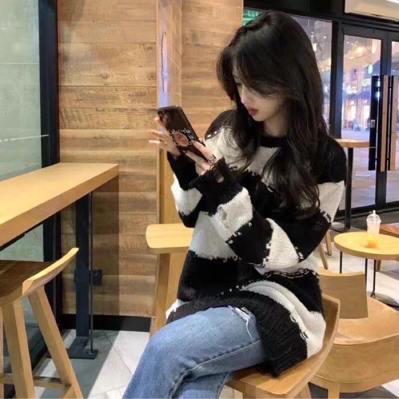 Áo len nữ mỏng oversize kiểu rách cá tính hàng len QC
