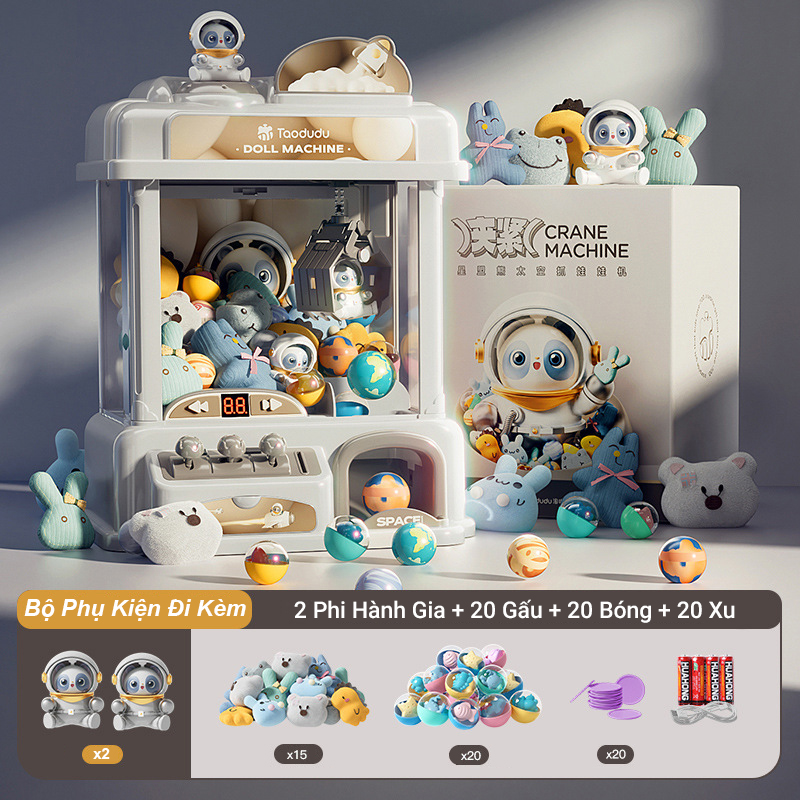 Máy Gắp Thú Mini Phi Hành Gia Kích Thước Lớn Có Nhạc Và Đèn Kèm Xu Đếm Thời Gian, Có Sẵn Nhiều Thú Bông Cho Bé