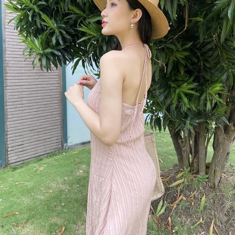 Đầm yếm maxi cột dây cổ màu hồng phấn sang trọng - Audrey studio