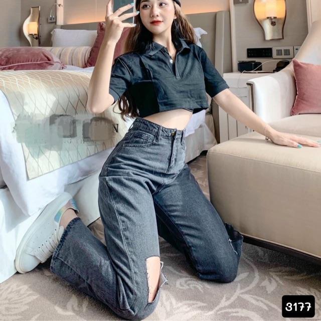 Quần suông jeans XÁM RÁCH dáng dài- jeans không giãn