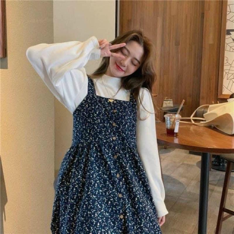 Sét Áo Tay Dài Mix Yếm Hoa Dày Dặn Yếm Dáng Dài Kiểu Vintage Siêu Xinhh