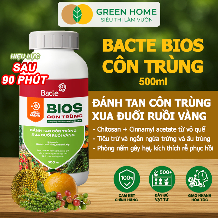 Chế Phẩm Sinh Học Bacte Bios Côn Trùng, Green Home, Chai 500ml, Từ Thảo Mộc, Hiệu Lực Nhanh Mạnh