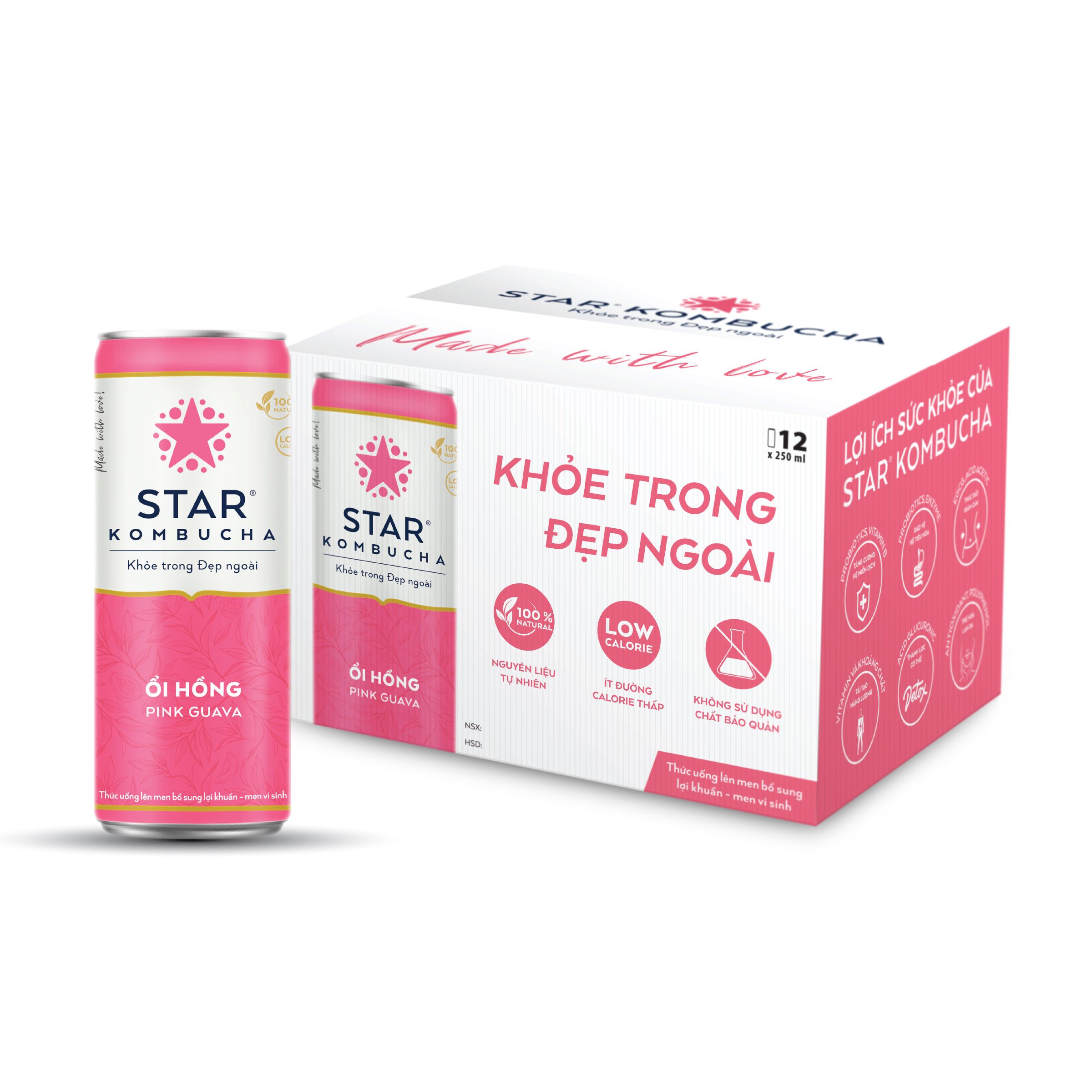 Thùng 12 lon thức uống lên men STAR KOMBUCHA Ổi Hồng / Pink Guava