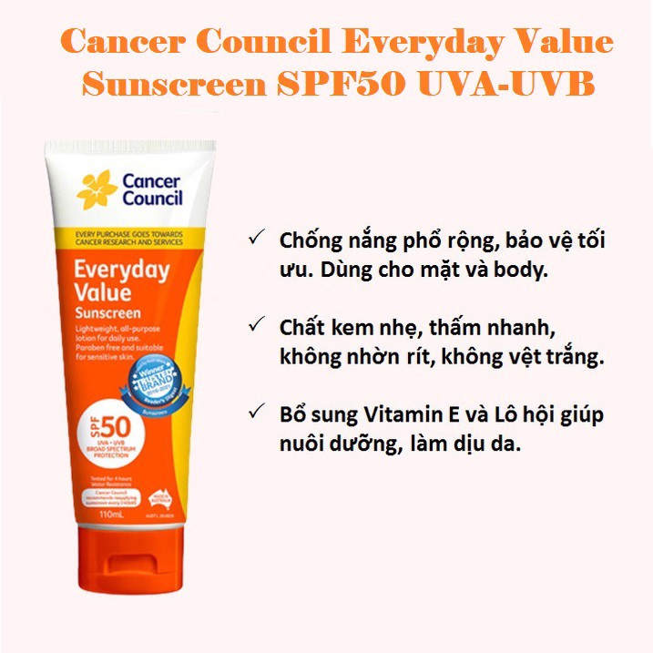 Kem Chống Nắng Dùng Hằng Ngày Cancer Council Everyday Value Sunscreen SPF50 UVA-UVB 110ml