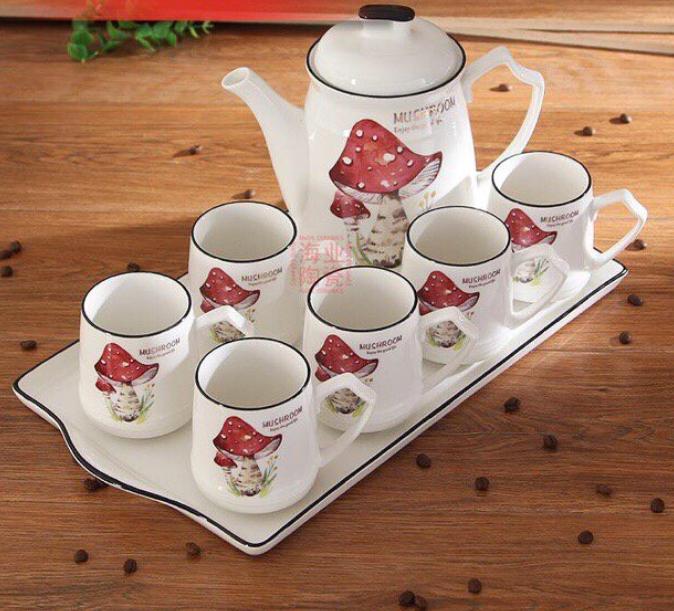 Bộ ấm chén kèm khay sứ cao cấp pha trà cà cà phê cây nấm đỏ