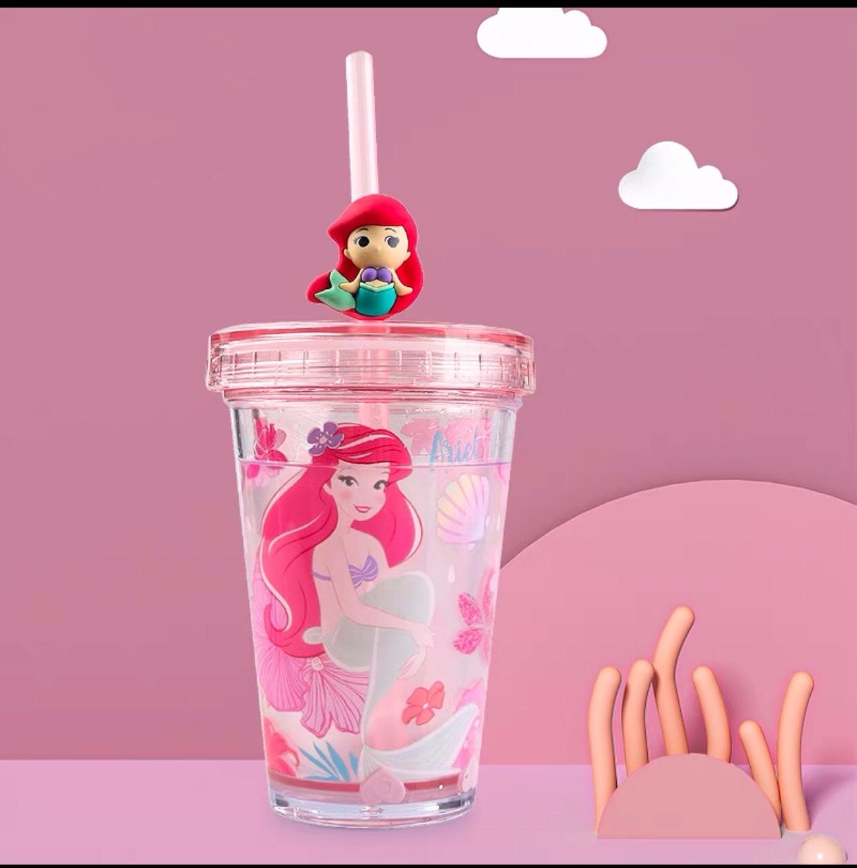 Ly pha lê ống hút 2 lớp kim tuyến vật nổi kèm Sticker 3D hình nàng tiên cá công chúa Ariel - PDP2510H