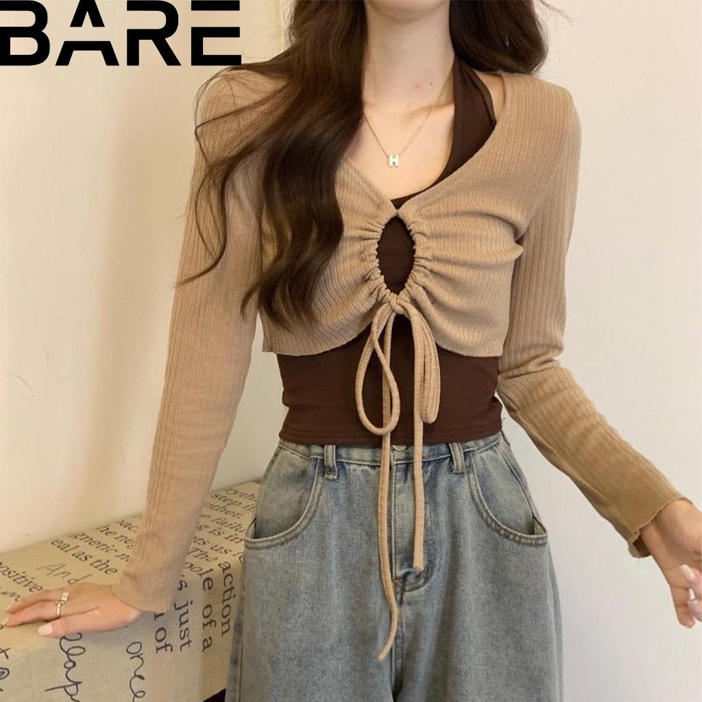 Set áo croptop tay dài cuốn biên Bare kèm áo yếm phối màu phong cách Ullzang cá tính - AO0158