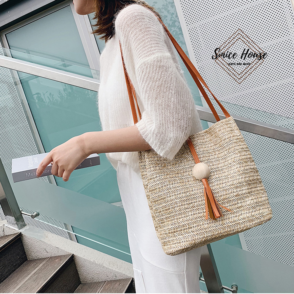 Túi Cói Đeo Vai Trơn đính quả gỗ Phong Cách Vintage, Túi Đeo Kẹp Nách Nữ