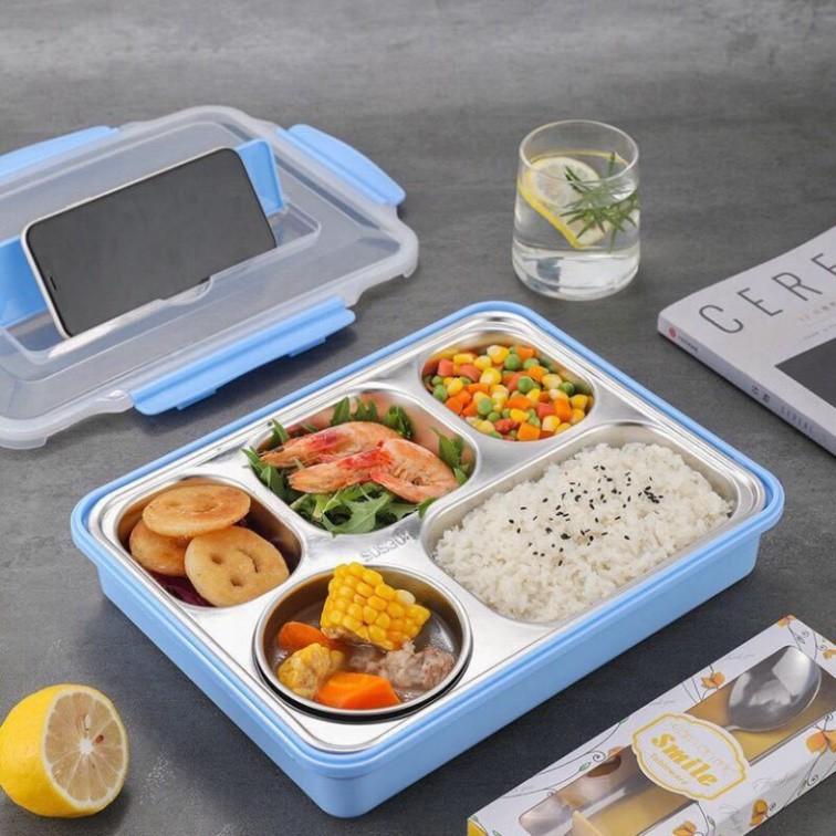 Khay Đựng Cơm Văn Phòng Inox 304 5 Ngăn Có Nắp Đậy - TẶNG Kèm Bộ Đũa Thìa Và Bát Sứ |