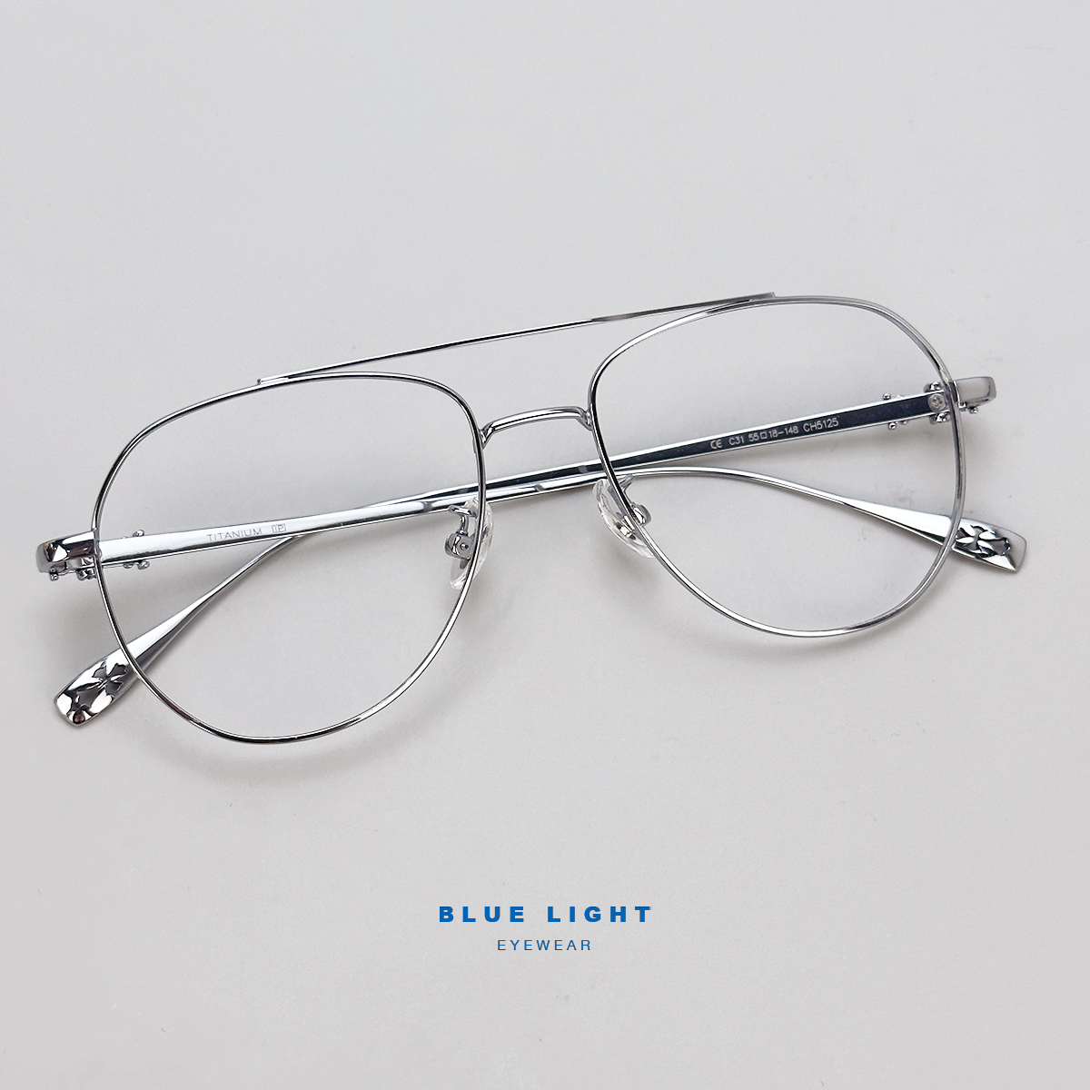 Gọng Kính Cận, Kính Giả Cận Nam Nữ TITANIUM Cao Cấp Siêu Nhẹ, Mắt Phi Công To Tròn , Full Đen, Bạc - BLUE LIGHT