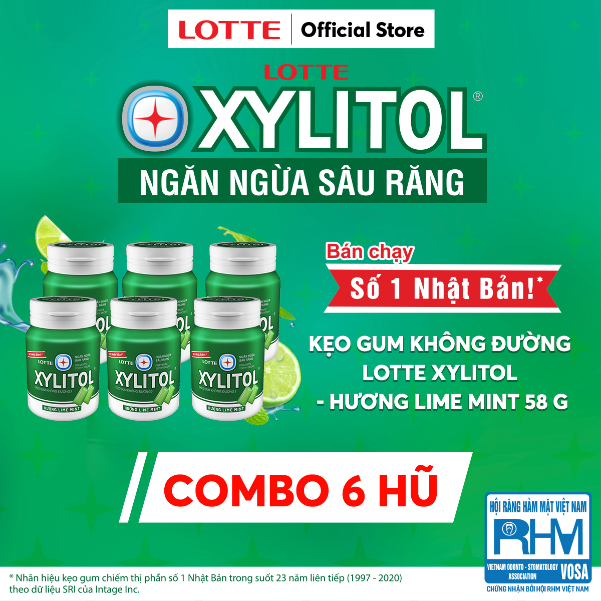 Combo 6 Kẹo Gum không đường Lotte Xylitol - Hương Lime Mint 55.1 g