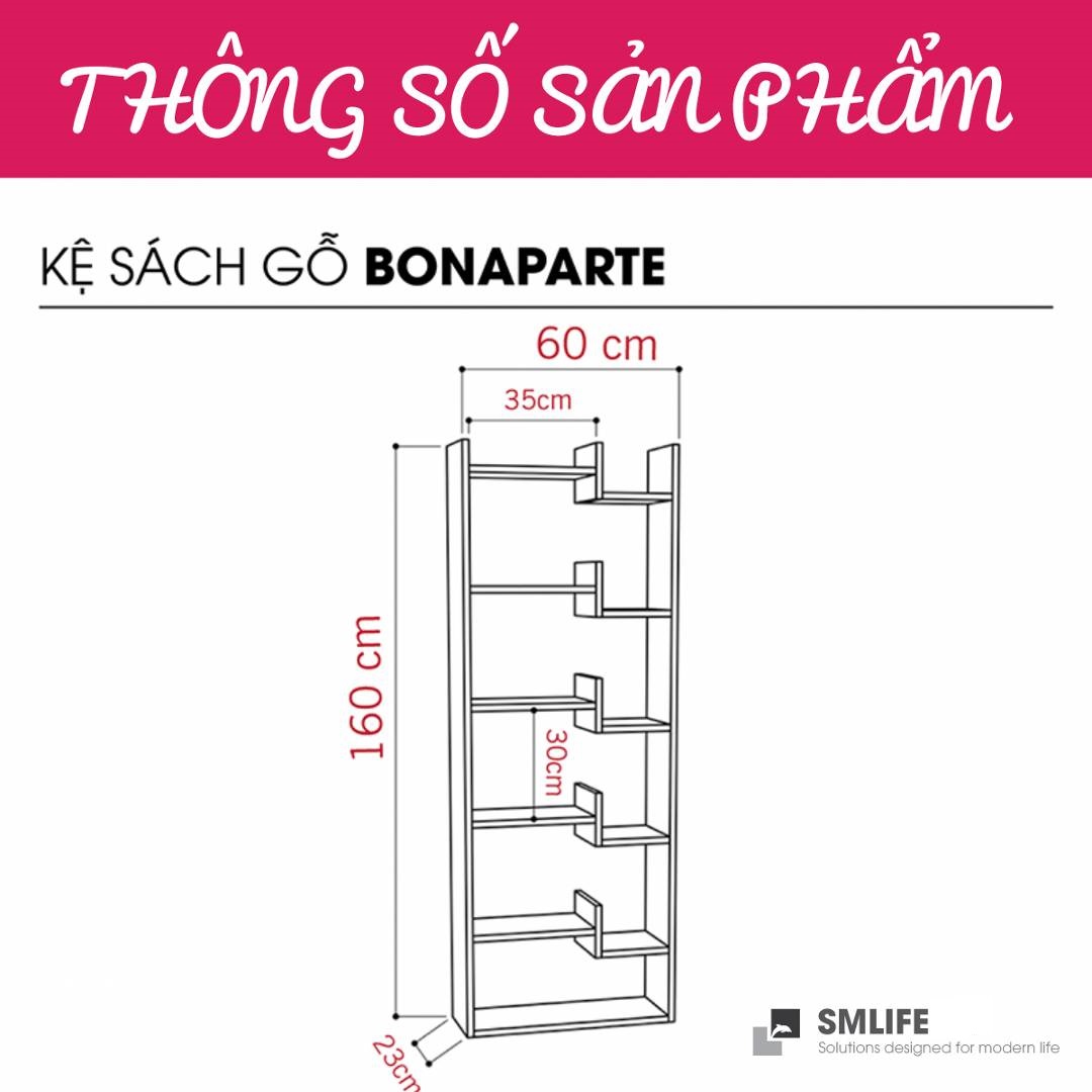 Kệ sách gỗ hiện đại SMLIFE Bonaparte  | Gỗ MDF dày 17mm chống ẩm | D60xR23xC160cm - Màu